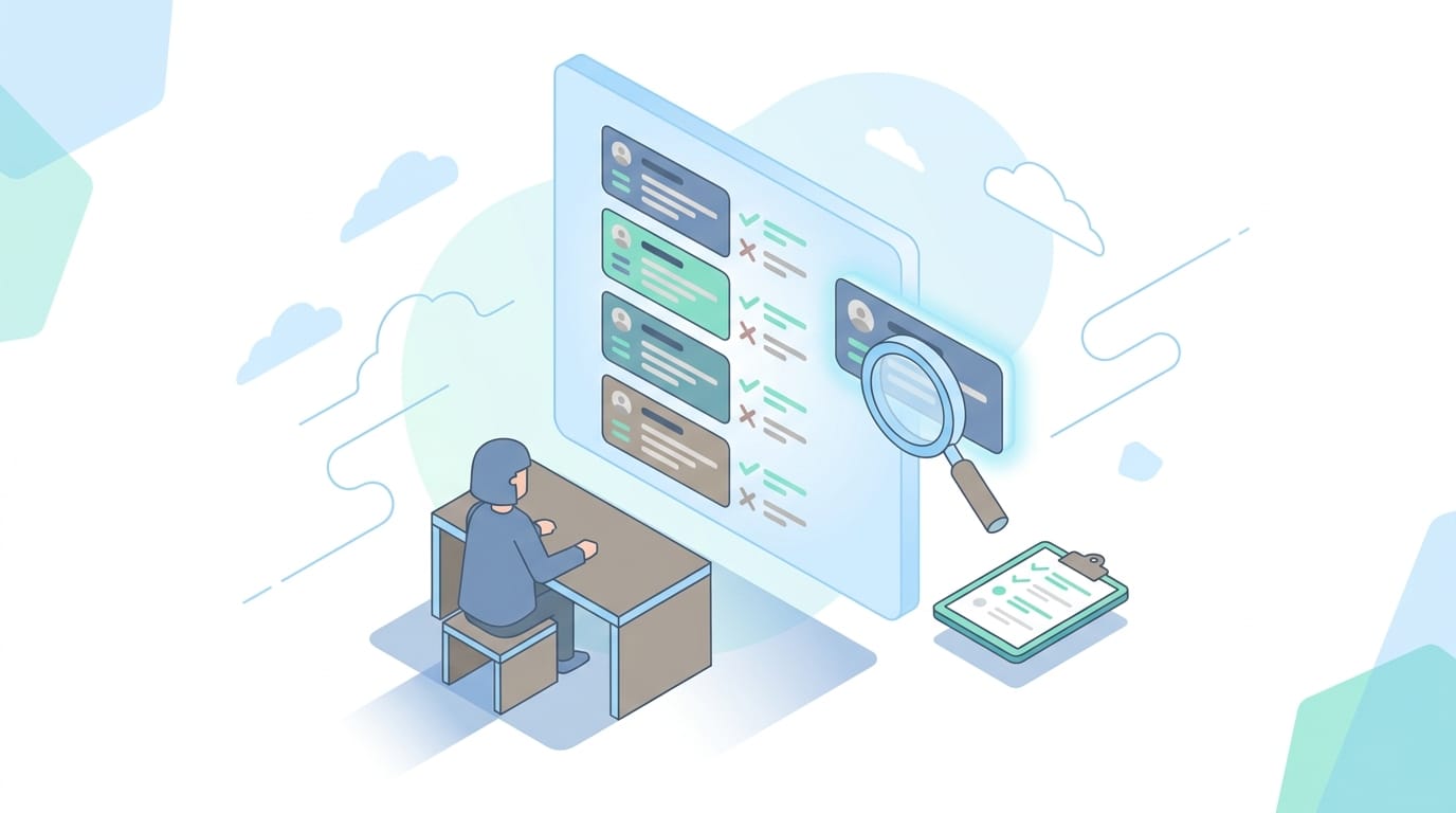 Marketing leader evaluating an agency shortlist with criteria checklist on a desktop screen