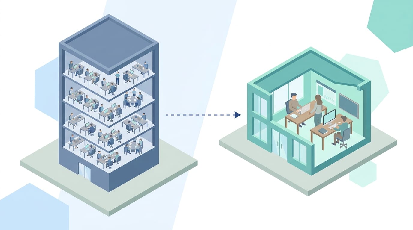Side-by-side comparison of a large agency tower and a smaller boutique studio with marketers working at desks