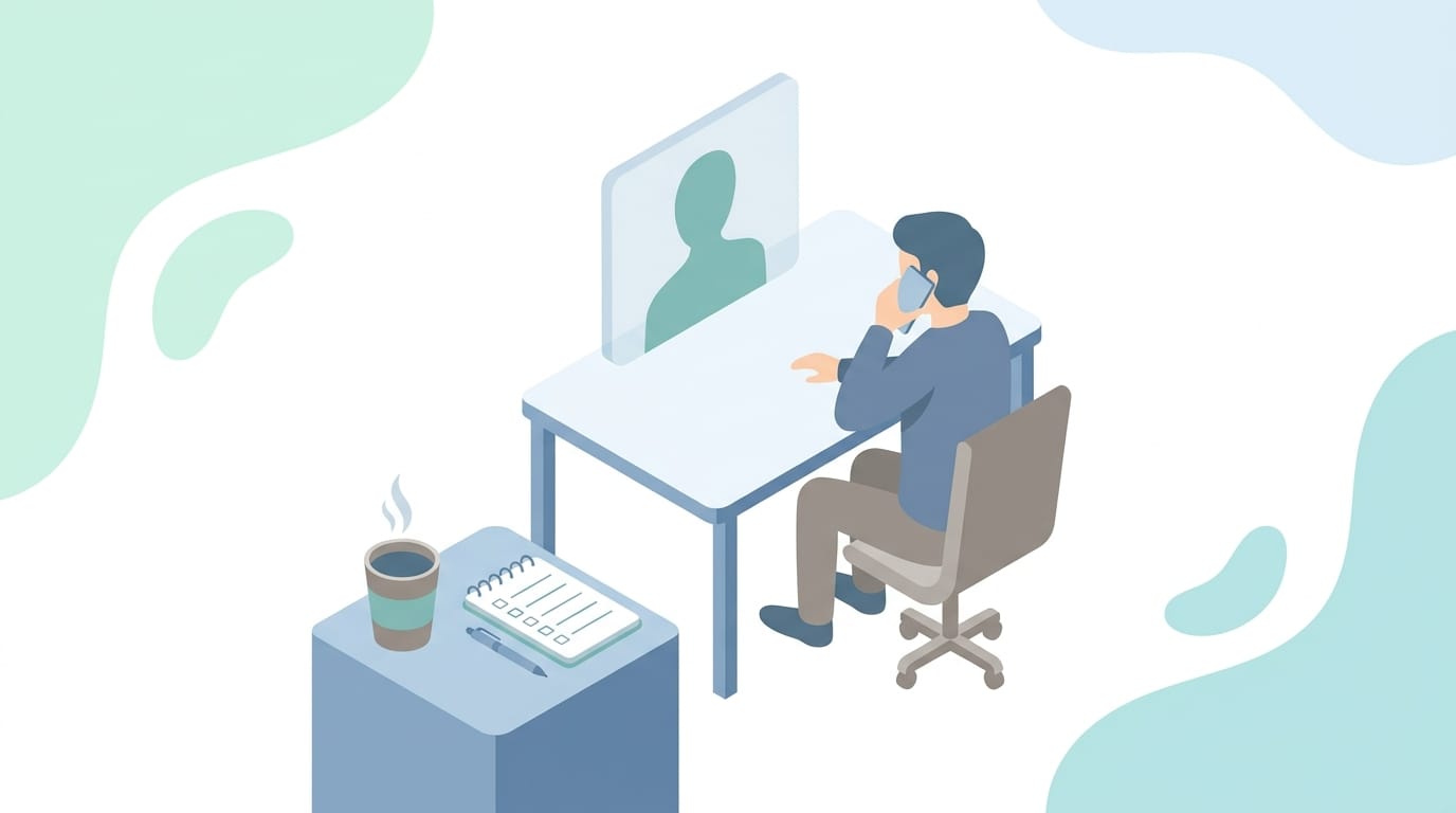 Founder on a discovery call with an agency, list of evaluation questions and notes on a notepad nearby
