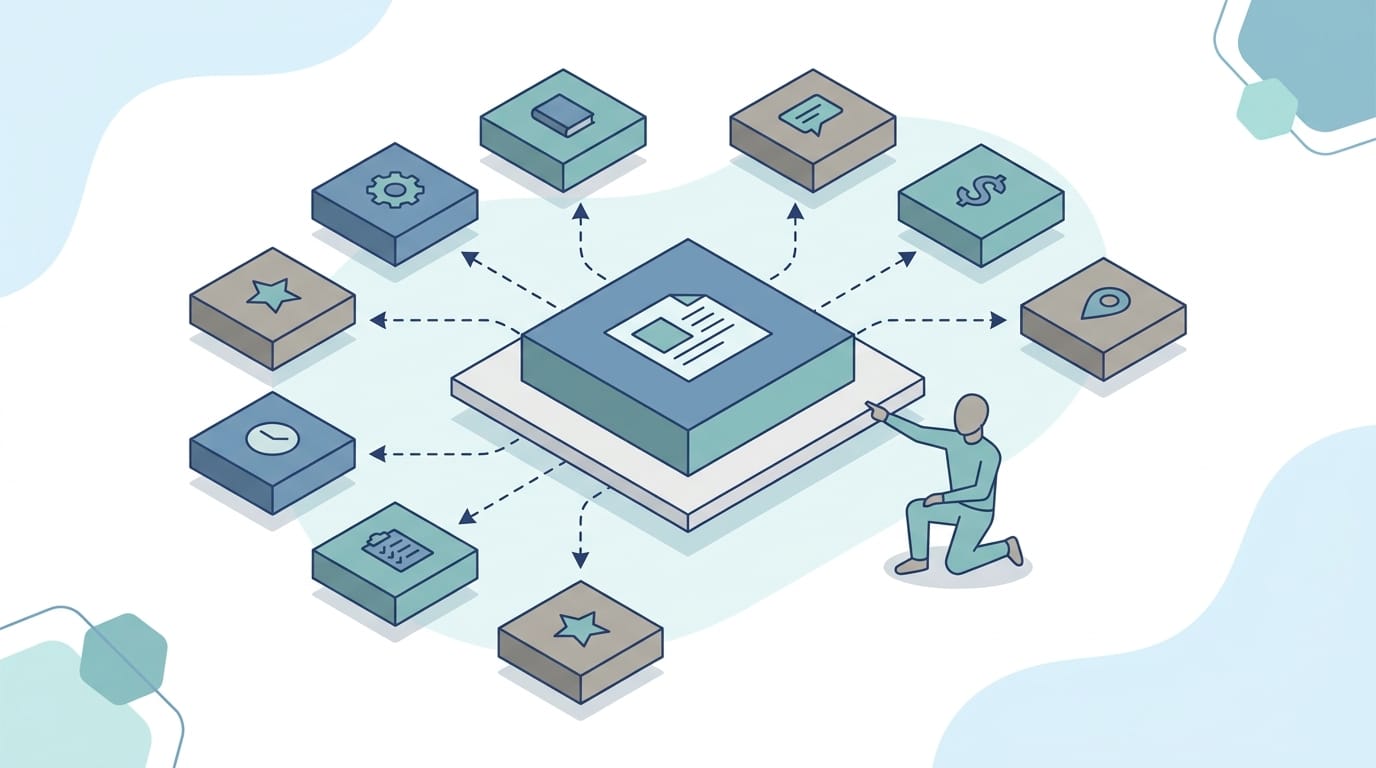 Topic cluster map with a central pillar page connected to supporting subtopic pages