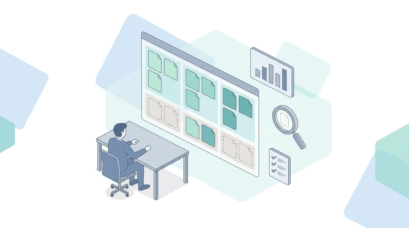 Marketer reviewing a content gap analysis dashboard with cluster groupings and missing pages highlighted