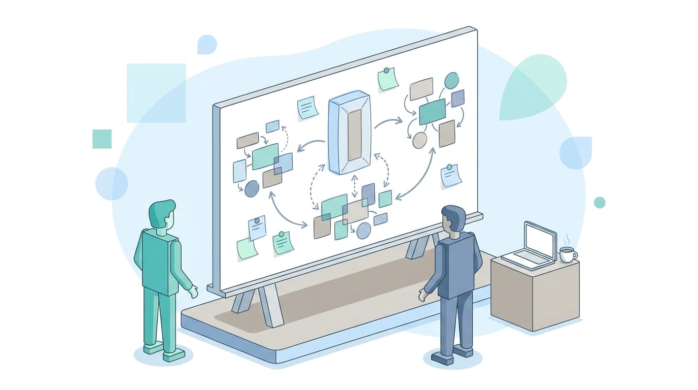 Content team mapping a topical authority plan on a whiteboard with pillar pages, clusters, and internal link arrows