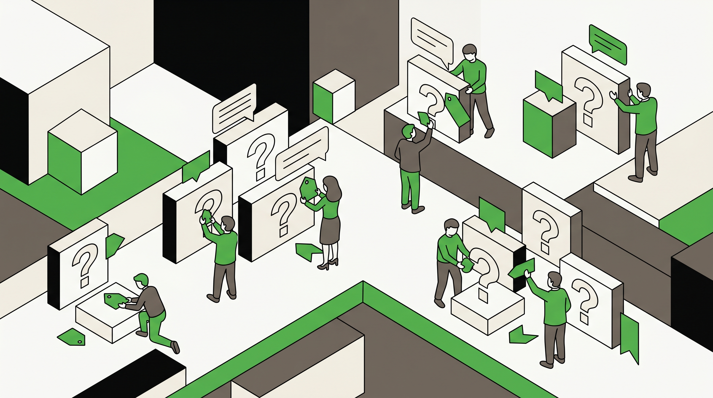Flat 2D isometric vector illustration of a sales team tagging repeated buyer questions from call notes into content cards