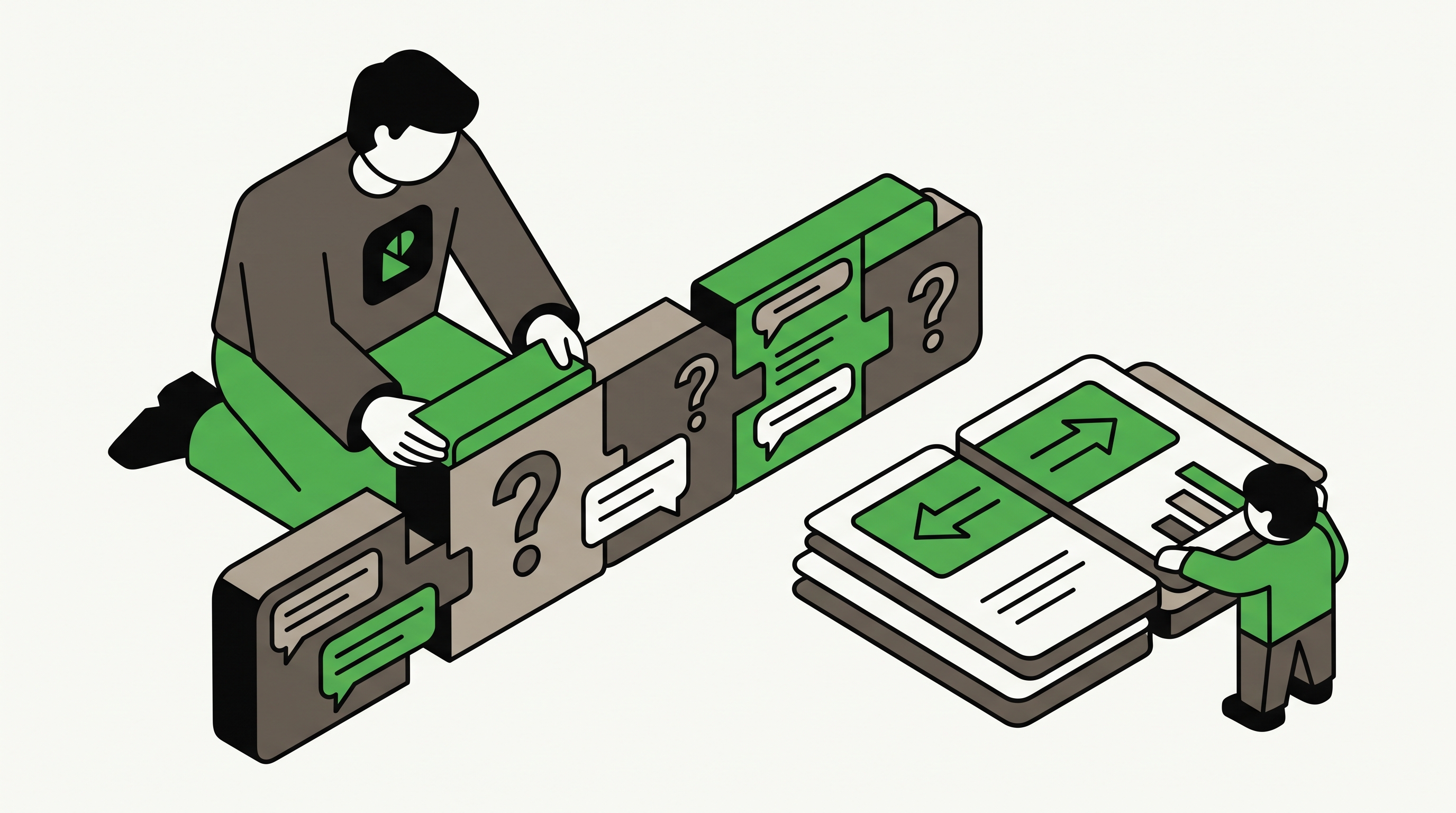Flat 2D isometric vector illustration of a content strategist turning onboarding, pricing, and fit questions into structured webpage blocks
