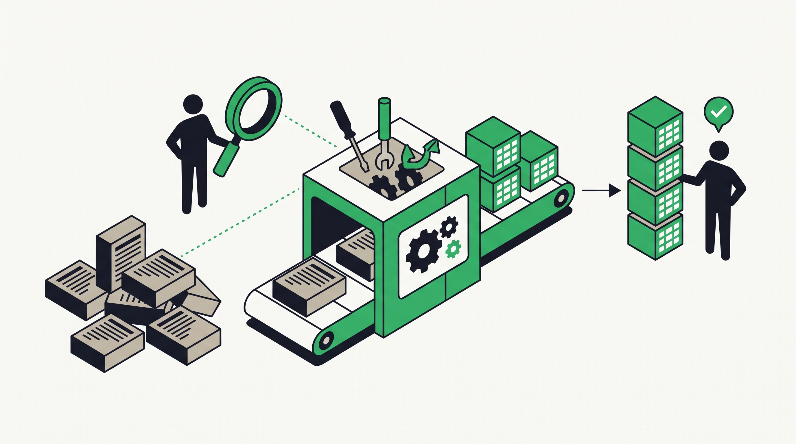 Flat 2D isometric vector illustration of a marketer reviewing page indexing warnings, broken links, redirects, and lead path checklists on a clean dashboard