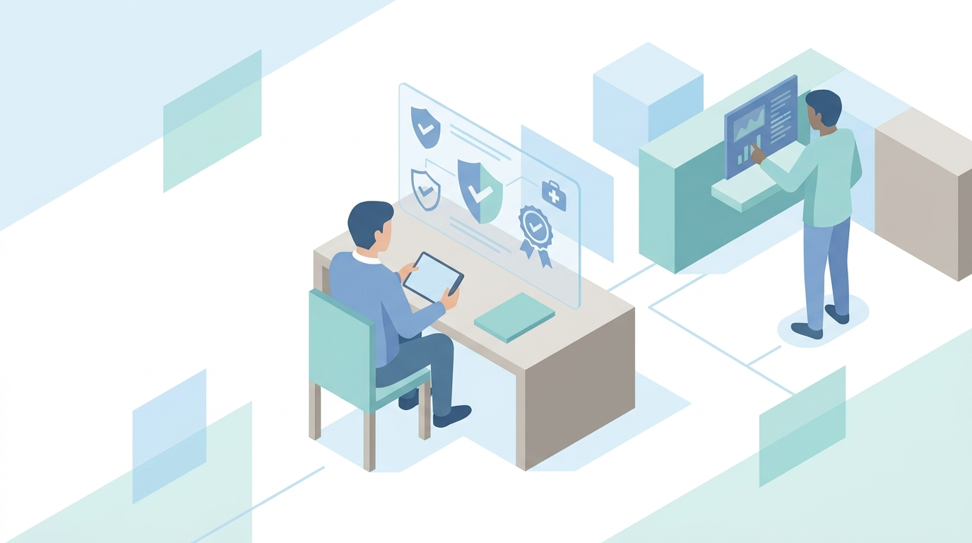 Healthcare marketer reviewing trust signals and citation sources on a large dashboard