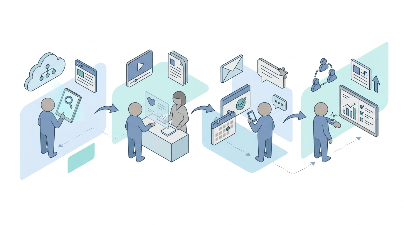 Patient journey map with three content layers, symptoms, comparisons, and provider selection