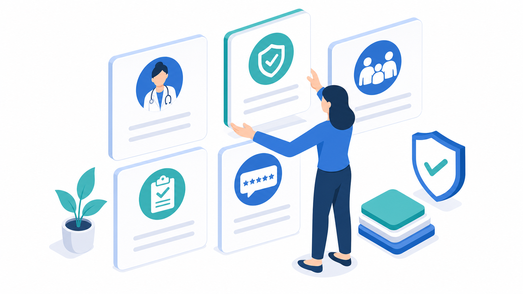 Admissions content blocks, trust badges, and FAQ panels arranged around a rehab website dashboard