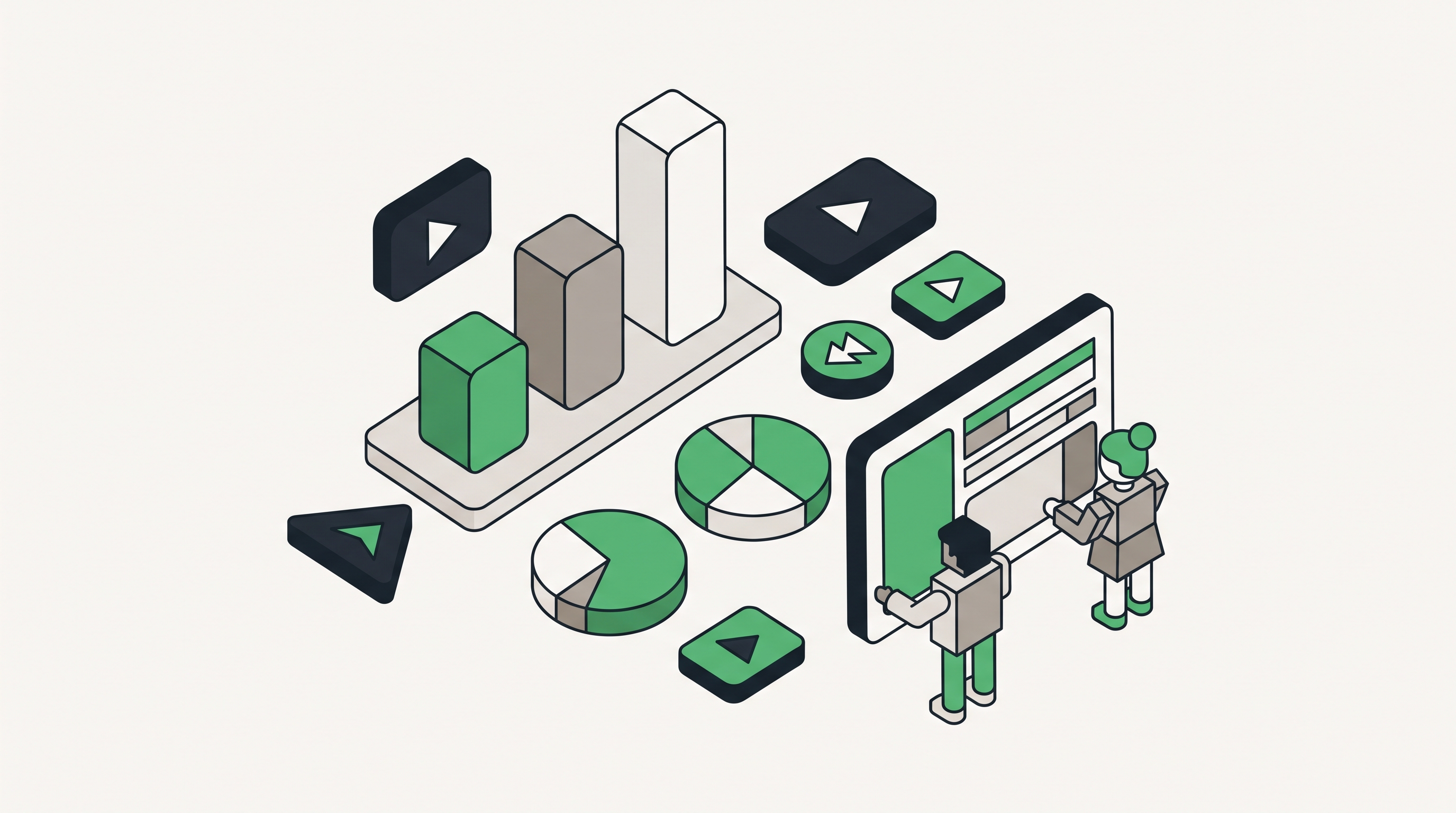 Flat 2D isometric vector illustration of a marketer comparing video campaign segments, audience filters, and conversion signals across a performance dashboard