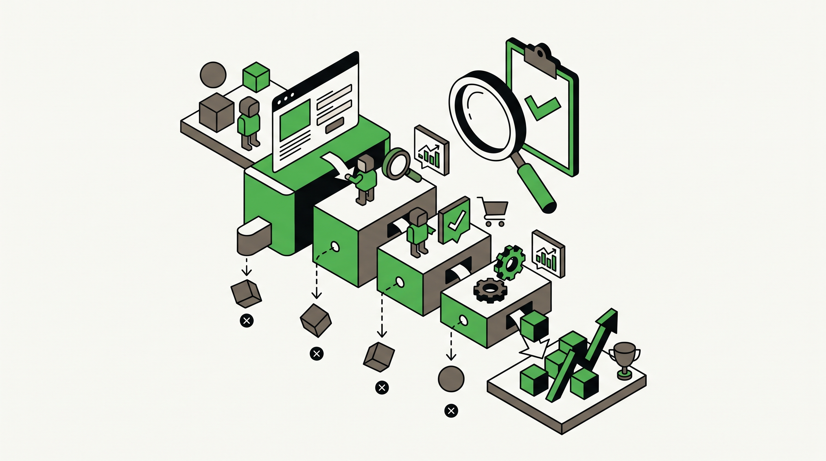 Flat 2D isometric vector illustration of marketer auditing a landing page and conversion funnel with form blocks, call button, and mobile layout cards