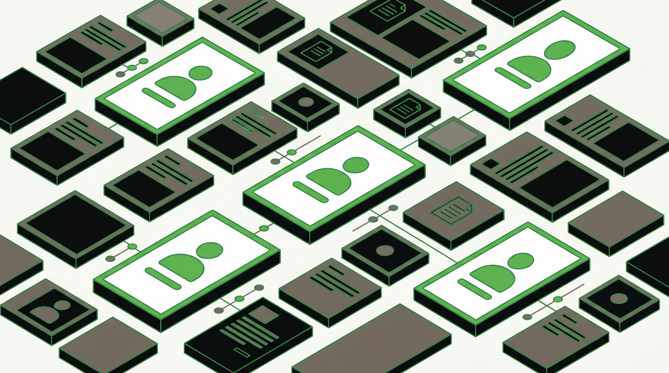 Flat 2D isometric vector illustration of marketers pinning third-party articles and citation cards around a central brand profile