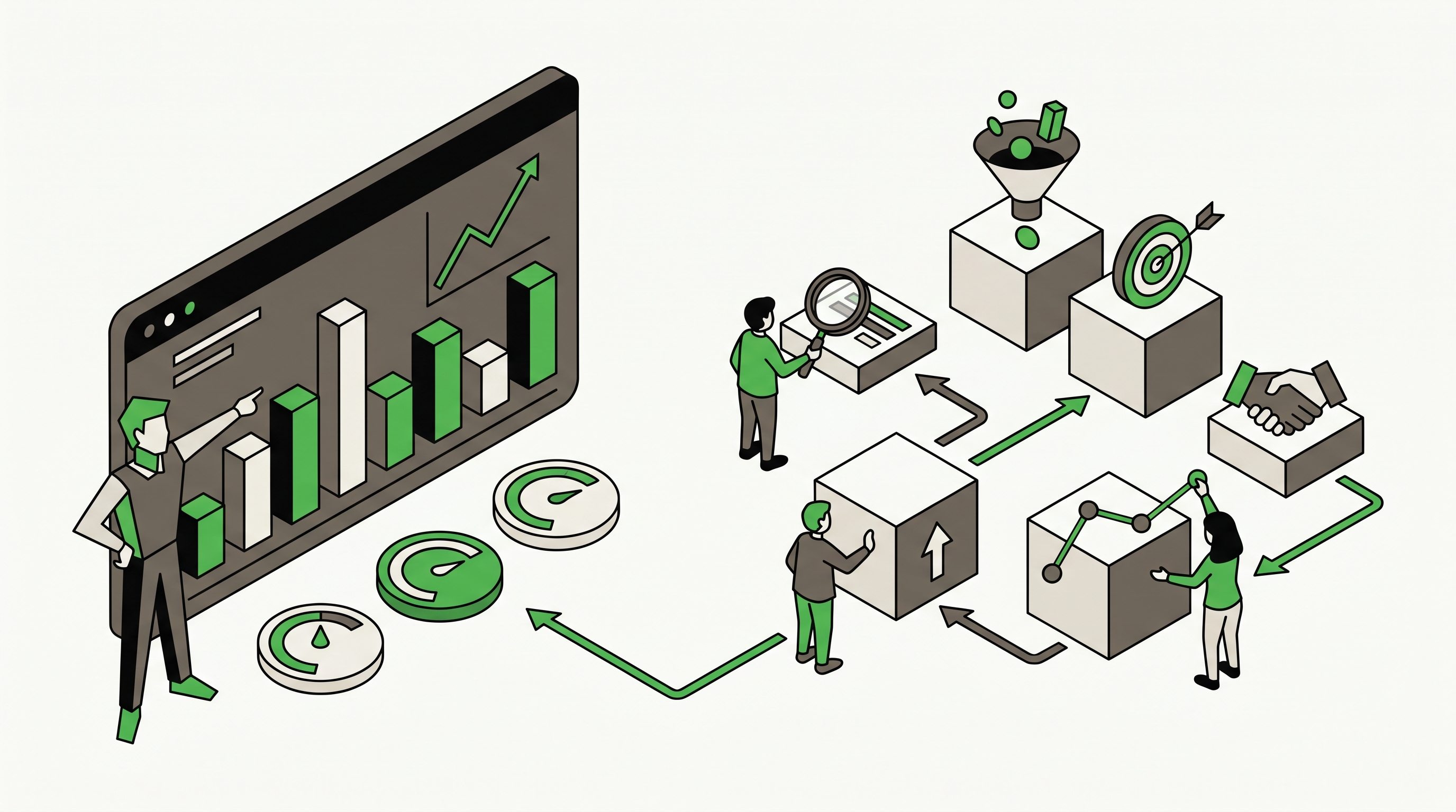 Flat 2D isometric vector illustration of an analytics dashboard mixing citations, branded search growth, and lead signals