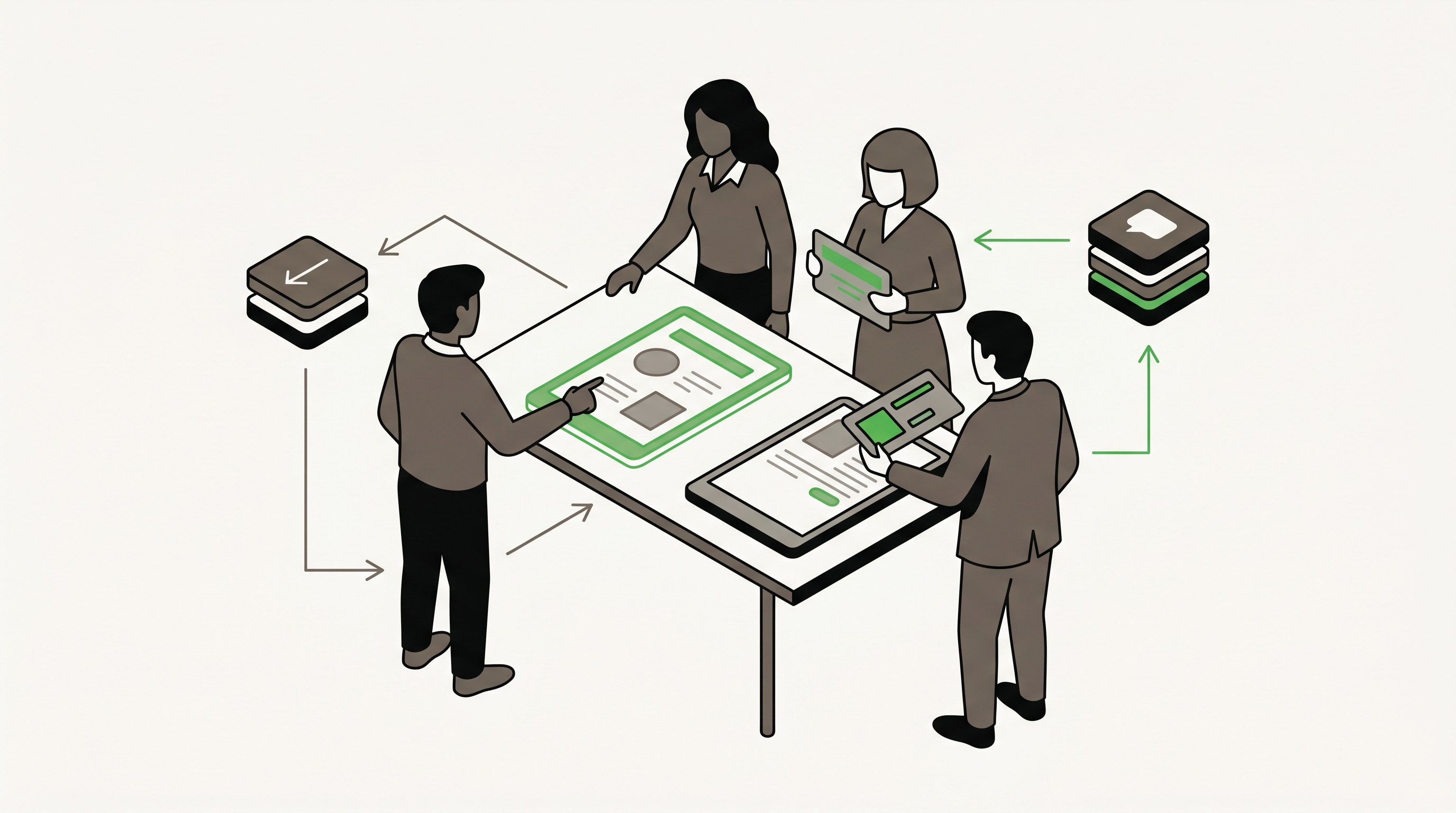 Flat 2D isometric vector illustration of a marketer reviewing proof pages, media mentions, and AI recommendation cards on one workspace