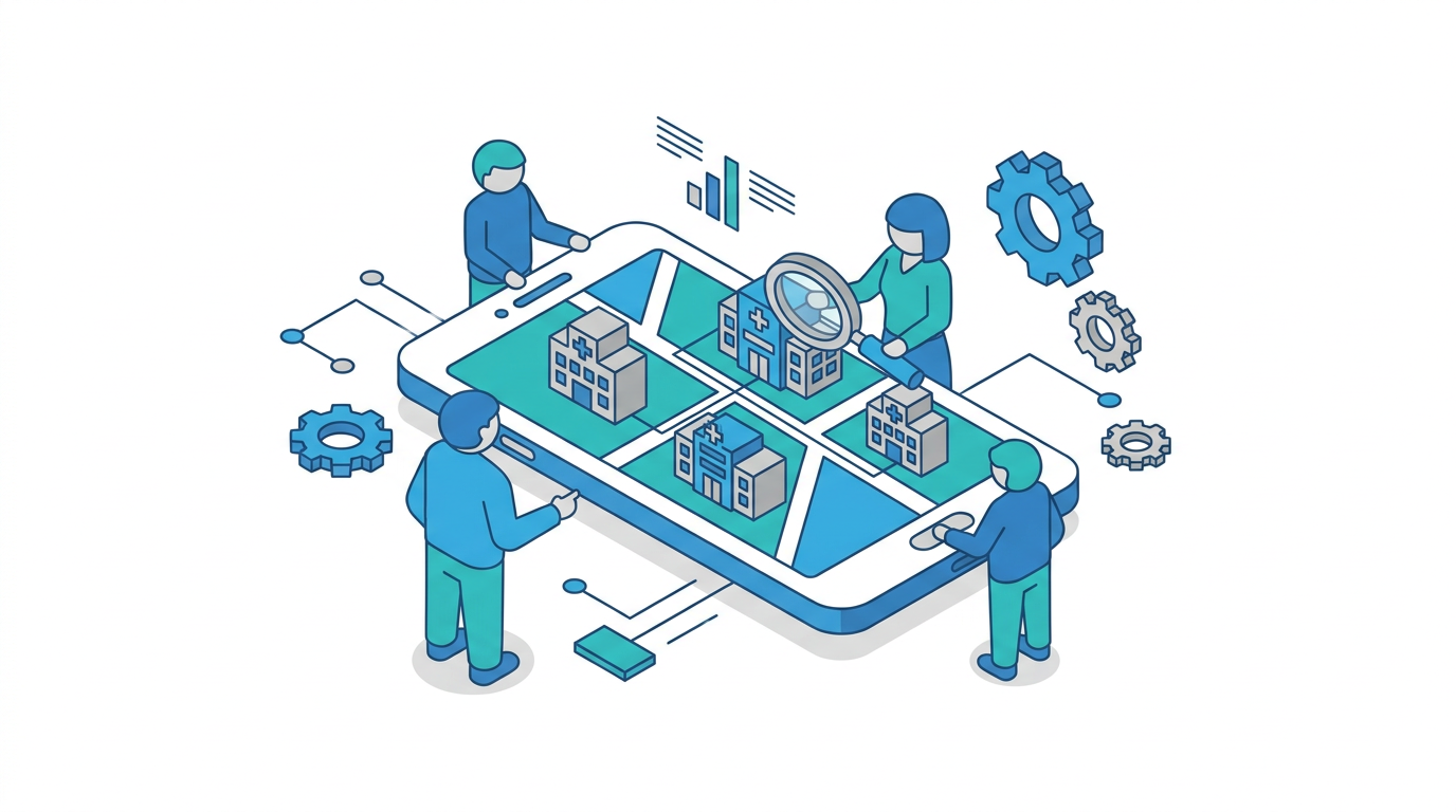 Healthcare marketer reviewing conversational map search, category-based discovery, and patient trust signals on a local visibility dashboard