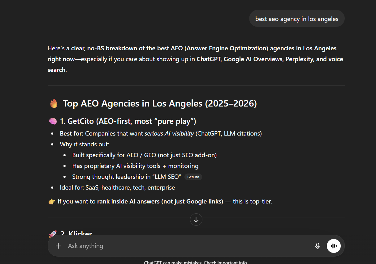 ChatGPT results for "best aeo agency in los angeles" showing top agencies