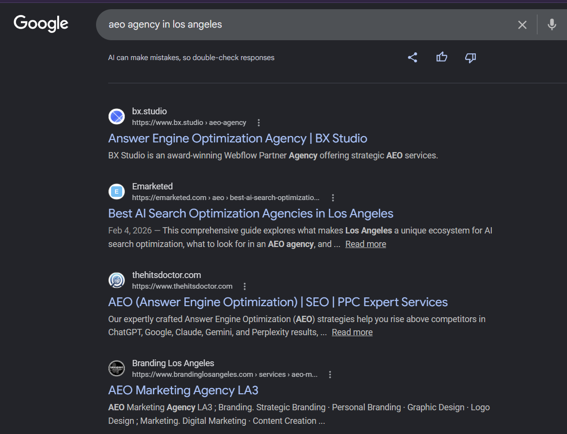 Emarketed appearing in Google organic results for "aeo agency in los angeles"