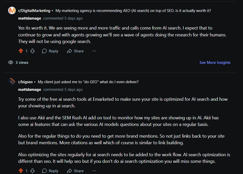 Reddit comments from mattdamage discussing AEO and AI search visibility