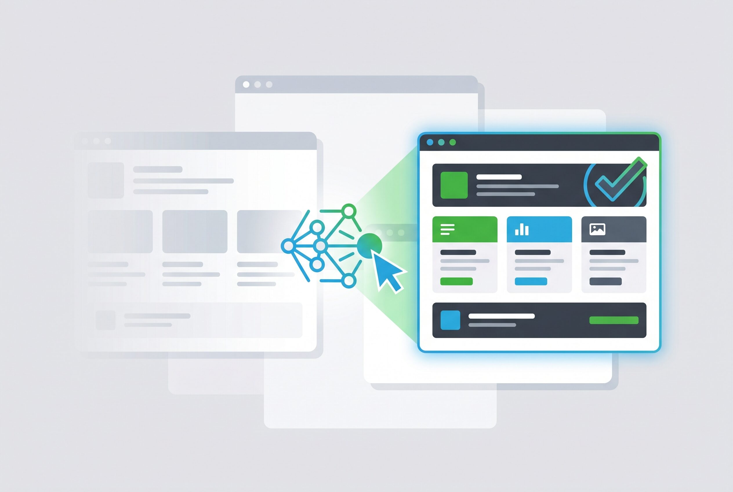 Flat illustration of an AI search interface comparing weak brochure-style service pages against structured answer-ready pages