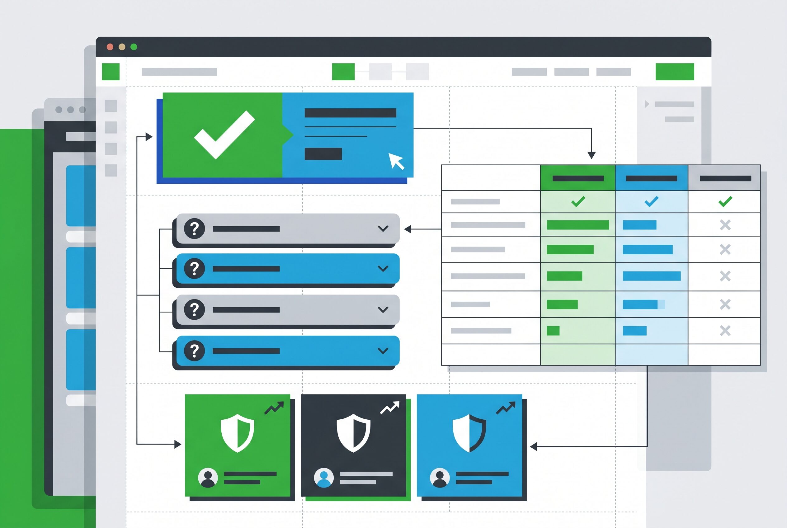 Flat illustration of a service page wireframe with highlighted direct answer blocks, comparison rows, and proof cards