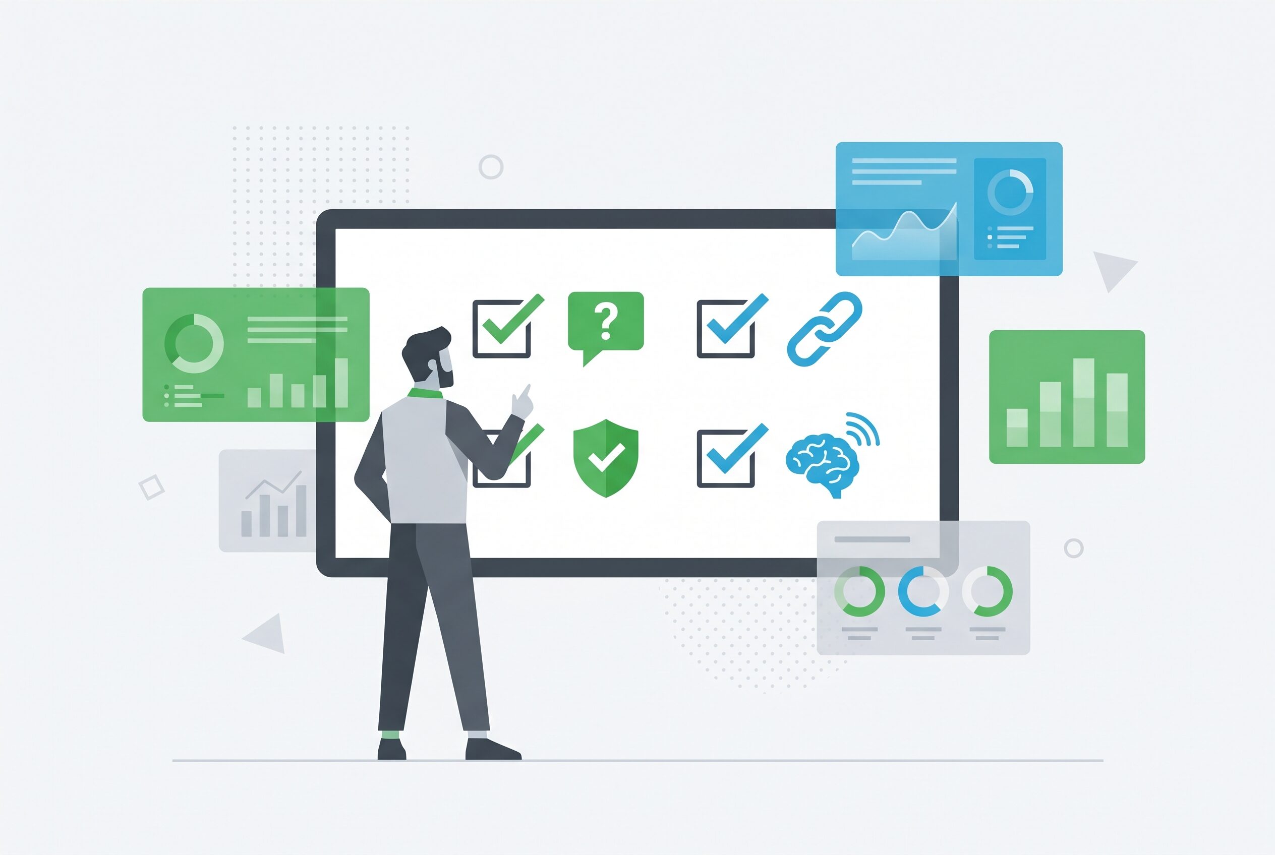 Flat illustration of a marketer auditing a service page checklist with AI citation signals, FAQs, internal links, and proof blocks