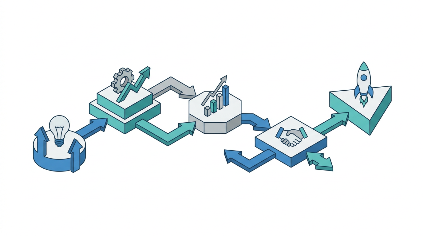 Connected journey platforms with arrows, charts, and a handshake showing an AI-shaped lead flow