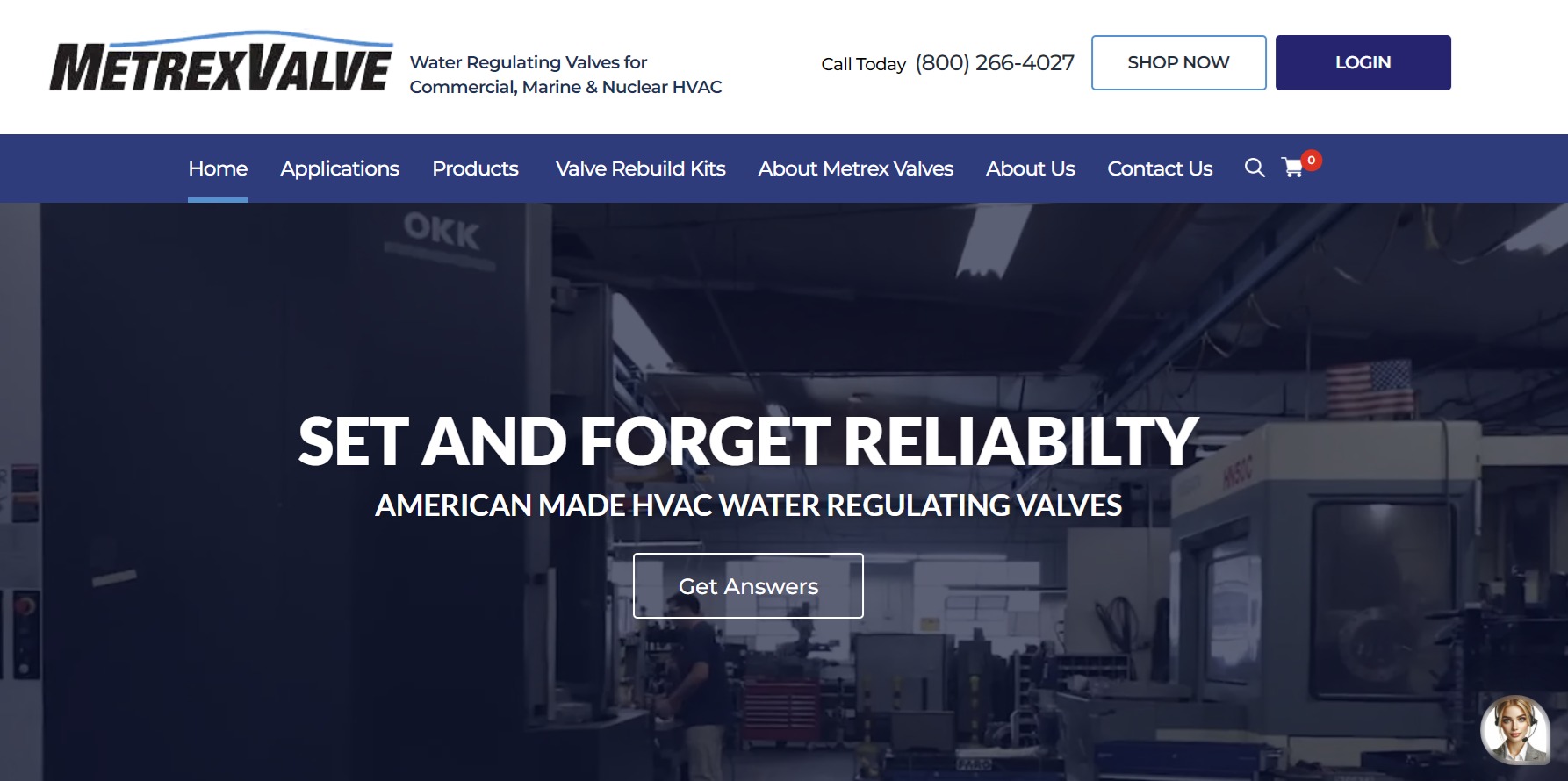 Metrex Valve homepage showing industrial manufacturing background and website chat entry point