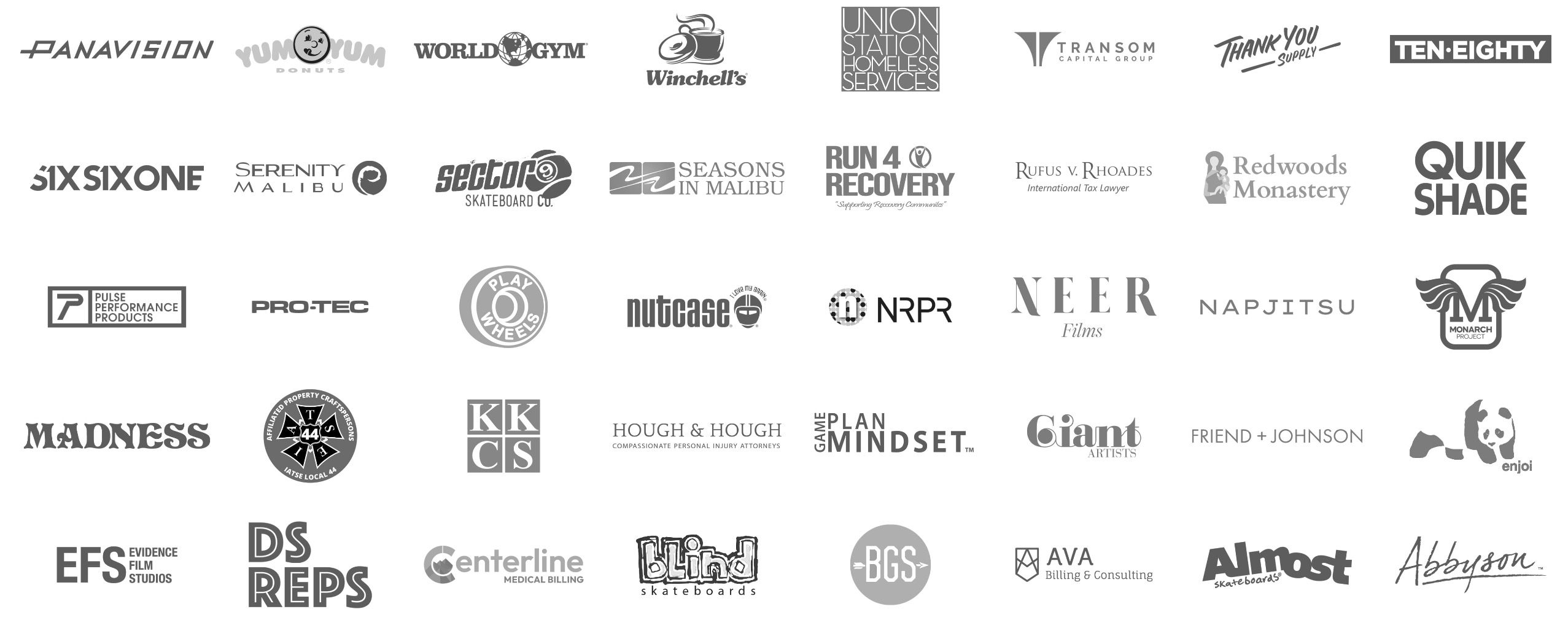 Client logos including Panavision, Yum Yum Donuts, World Gym, Winchell's, Union Station Homeless Services, Transom Capital Group, Sector 9, Serenity Malibu, Run 4 Recovery, Pro-Tec, Nutcase, Hough & Hough, Blind Skateboards, Almost, Enjoi, and more