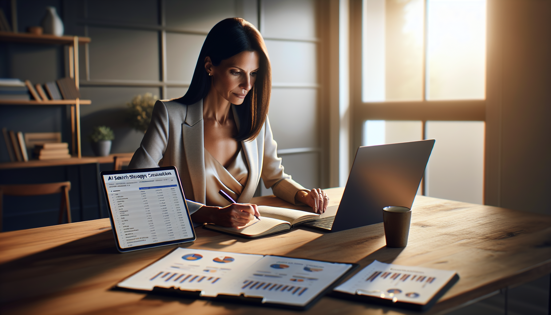 Business owner preparing for AI search strategy consultation with documentation and analytics