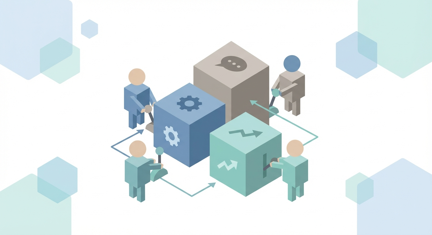 Three stacked layered service component blocks with connector arrows representing AEO service structure