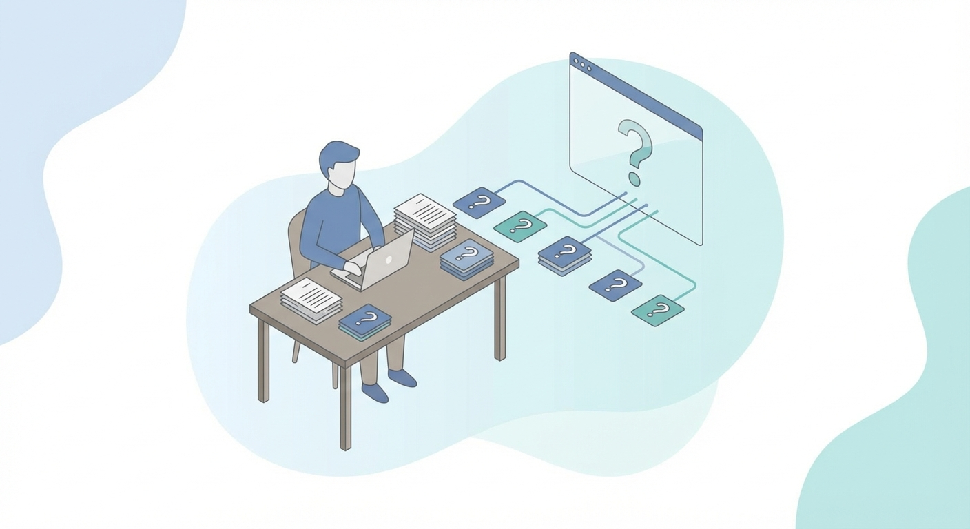 Person at desk reviewing FAQ document cards and citation report with question mark icons and organized stacks