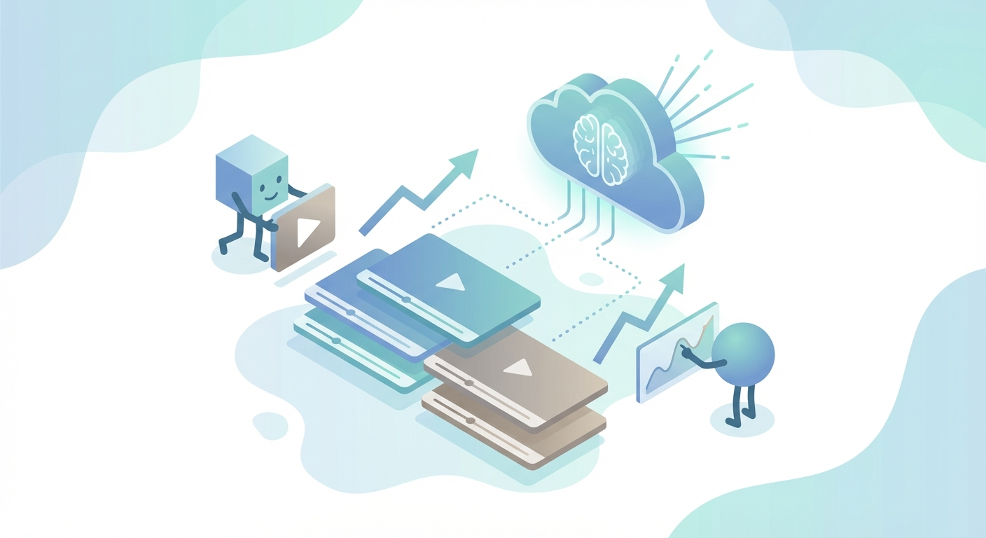 Stacked video content panels with upward trending citation arrows connecting to AI answer interface, teal and blue flat illustration style
