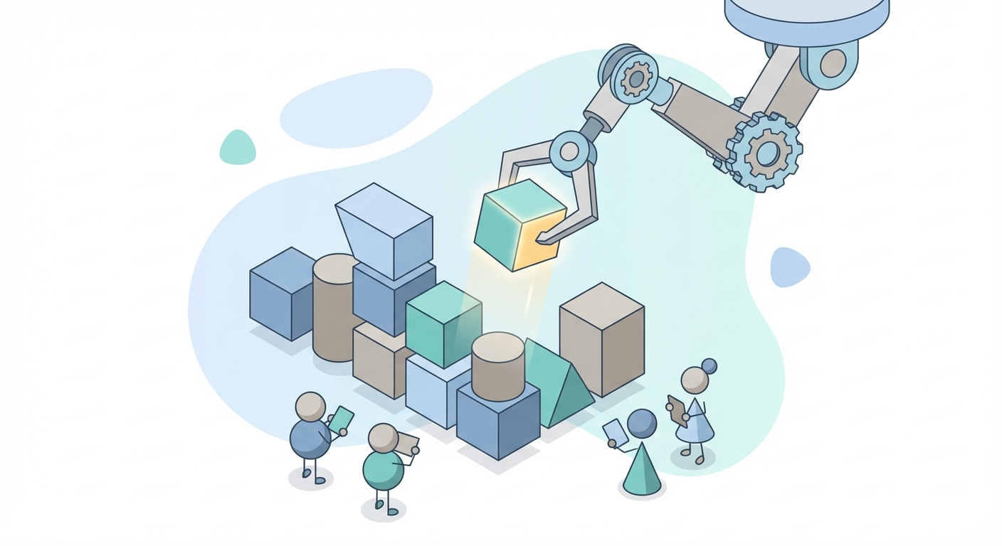 Geometric brand building blocks with one block highlighted and being selected by a mechanical arm, flat isometric illustration in teal and gray