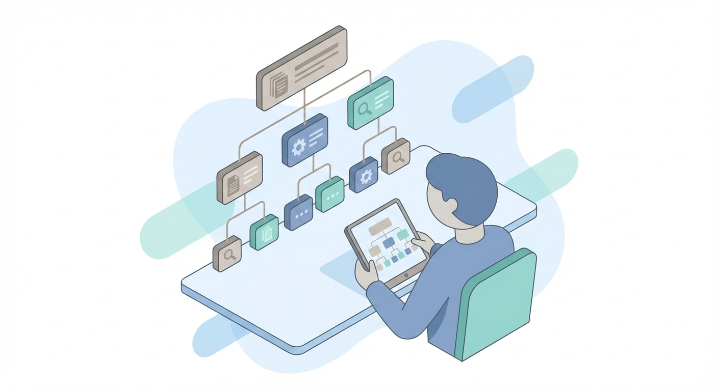Content strategist reviewing a structured sitemap and content hierarchy on a large monitor with blue teal color scheme