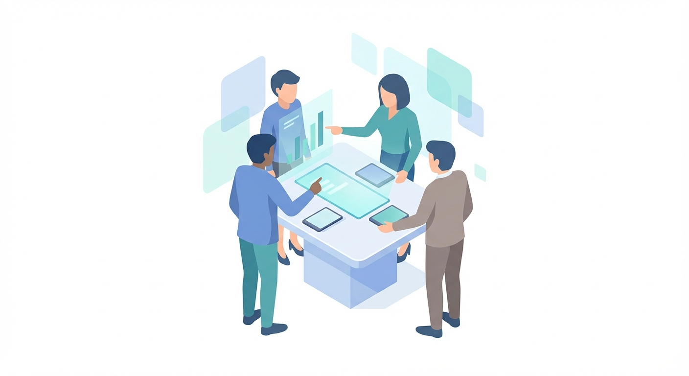 Agency team reviewing a digital analytics dashboard with bar charts and colored panels in a bright office setting