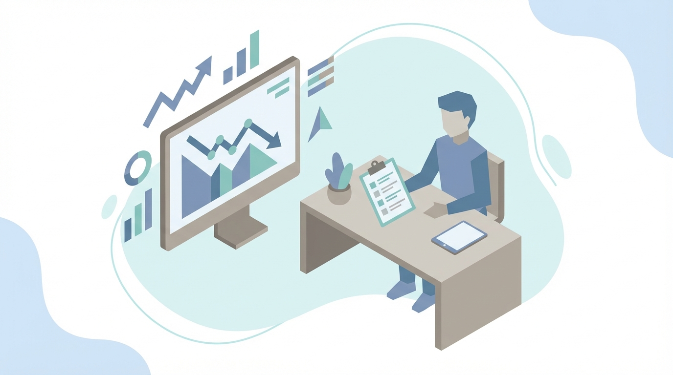 Analyst reviewing checklist and declining traffic chart on monitor