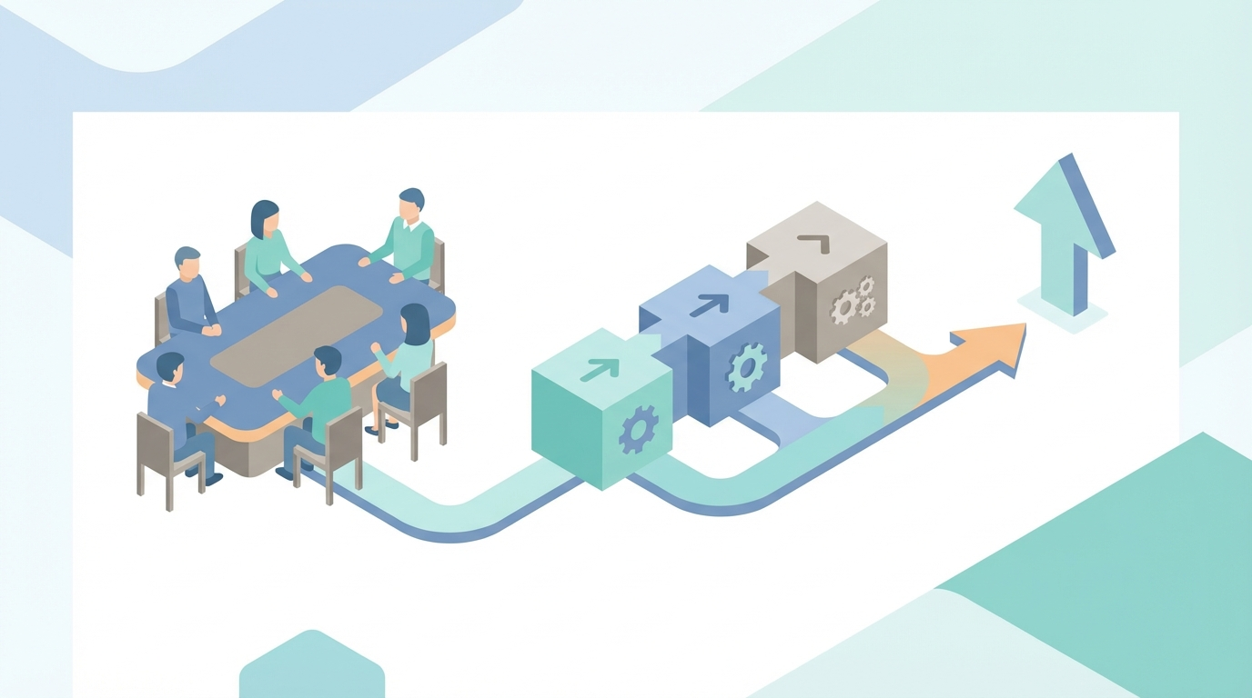 Agency team at table with strategy plan and upward arrow path