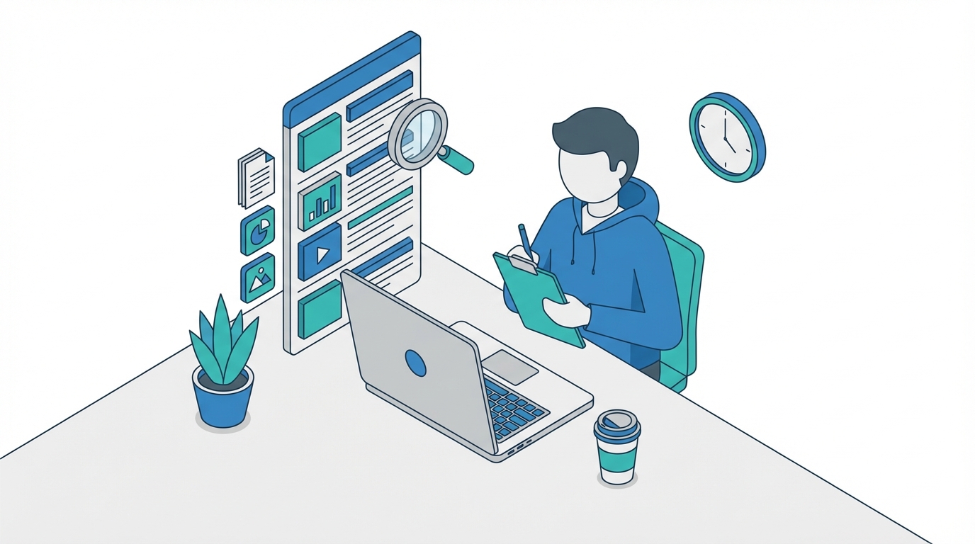 Marketer auditing content list on laptop screen