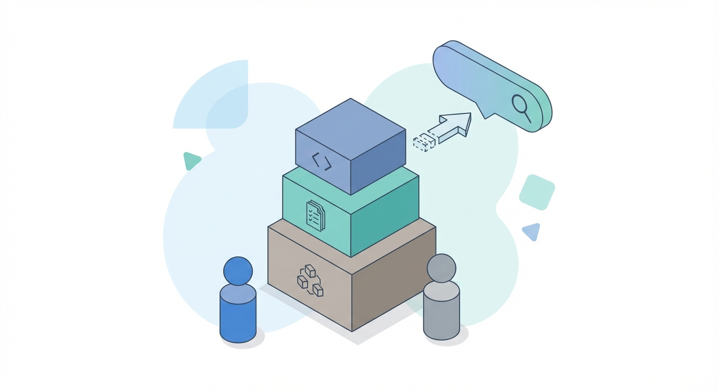 Three pillars of AI search visibility: entity building, structured content, and schema markup shown as stacked geometric blocks