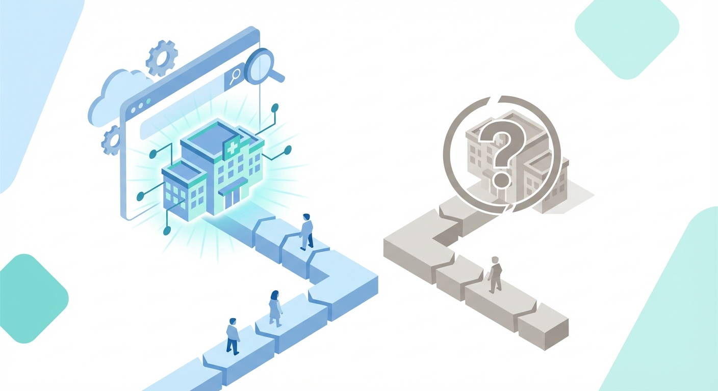 Two paths: a practice with strong AI visibility versus one with no AI presence, shown as contrasting flowcharts leading to patient decisions