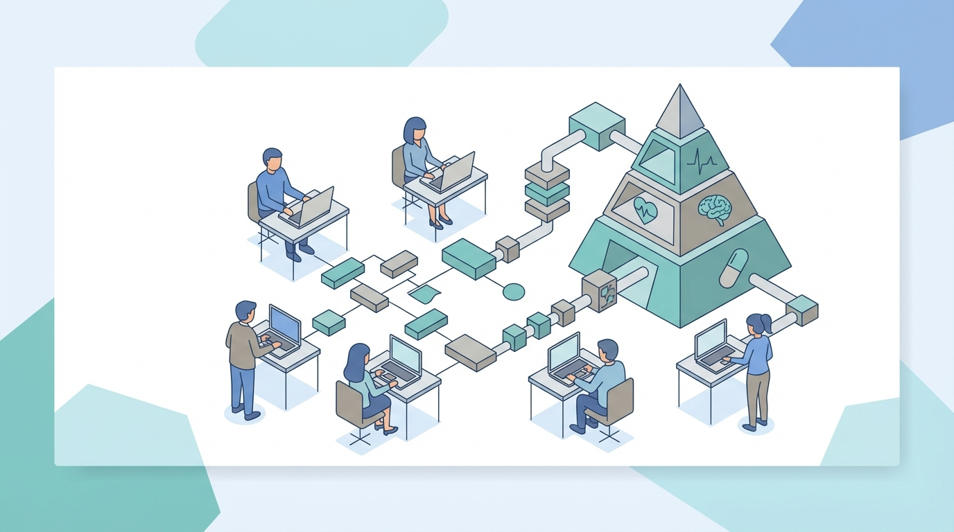 Content team building structured healthcare knowledge articles at a workstation