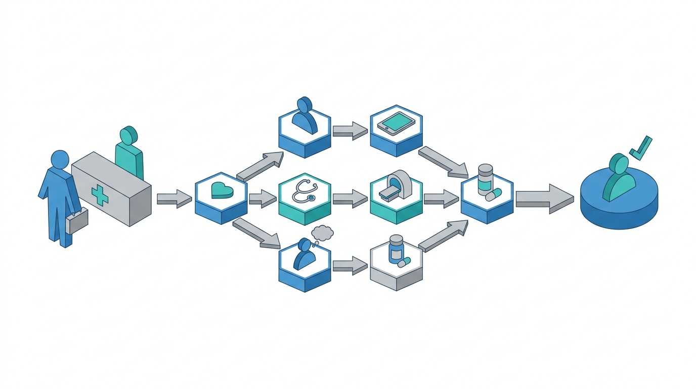 Simple care pathway illustration with AI answer, provider shortlist, and appointment step