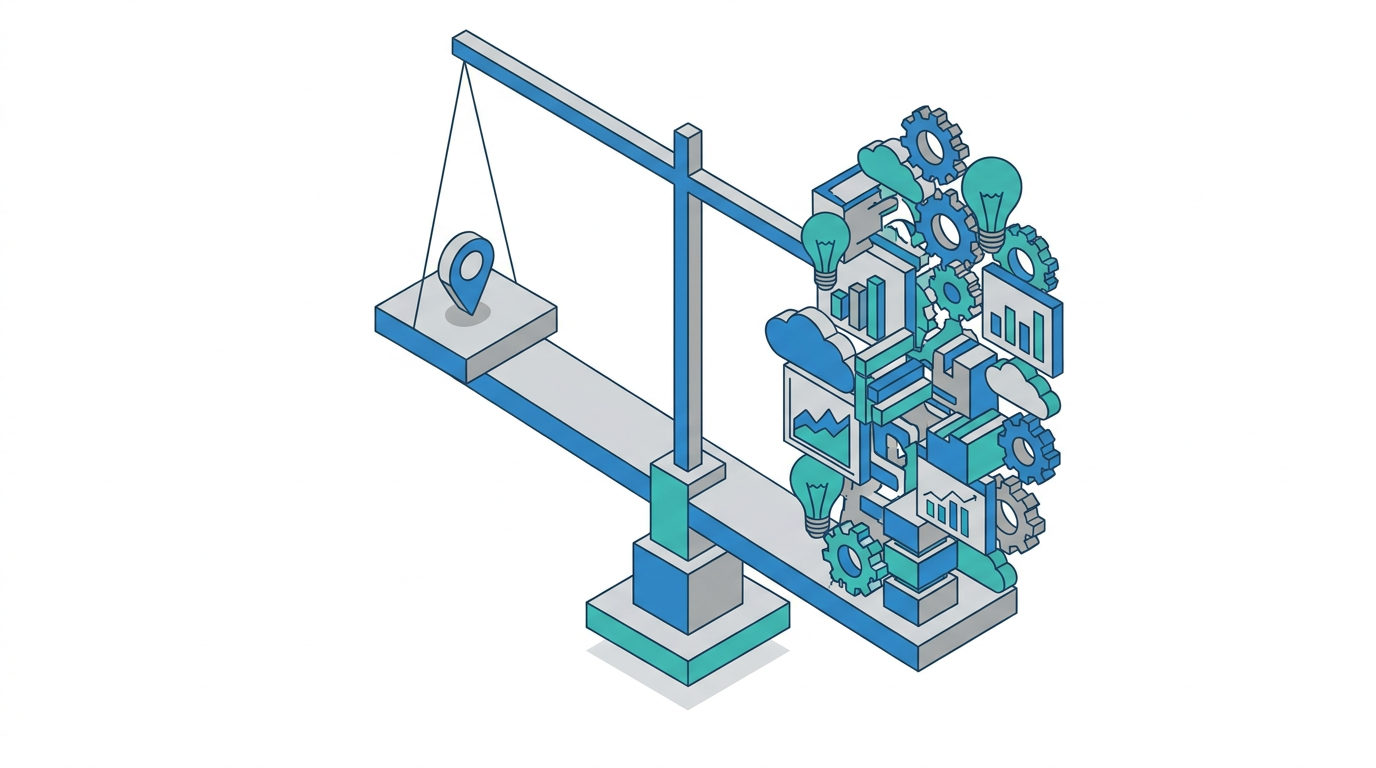 Balance scale with a small geometric pin on the lighter side and a tall stack of capability icons — gears, lightbulbs, chart bars — on the heavier side