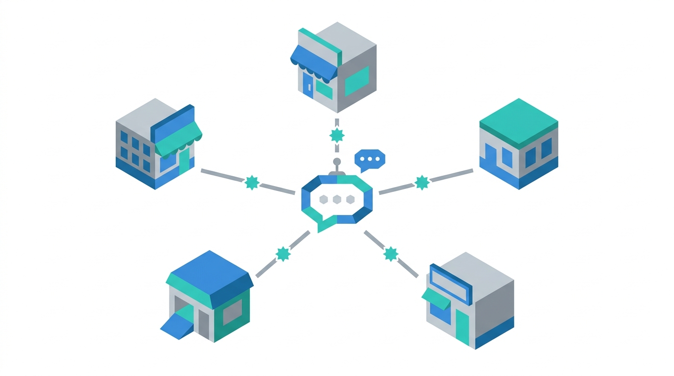 Central AI assistant chat bubble with five brand storefront shapes radiating outward at equal distances with star markers along each connecting line
