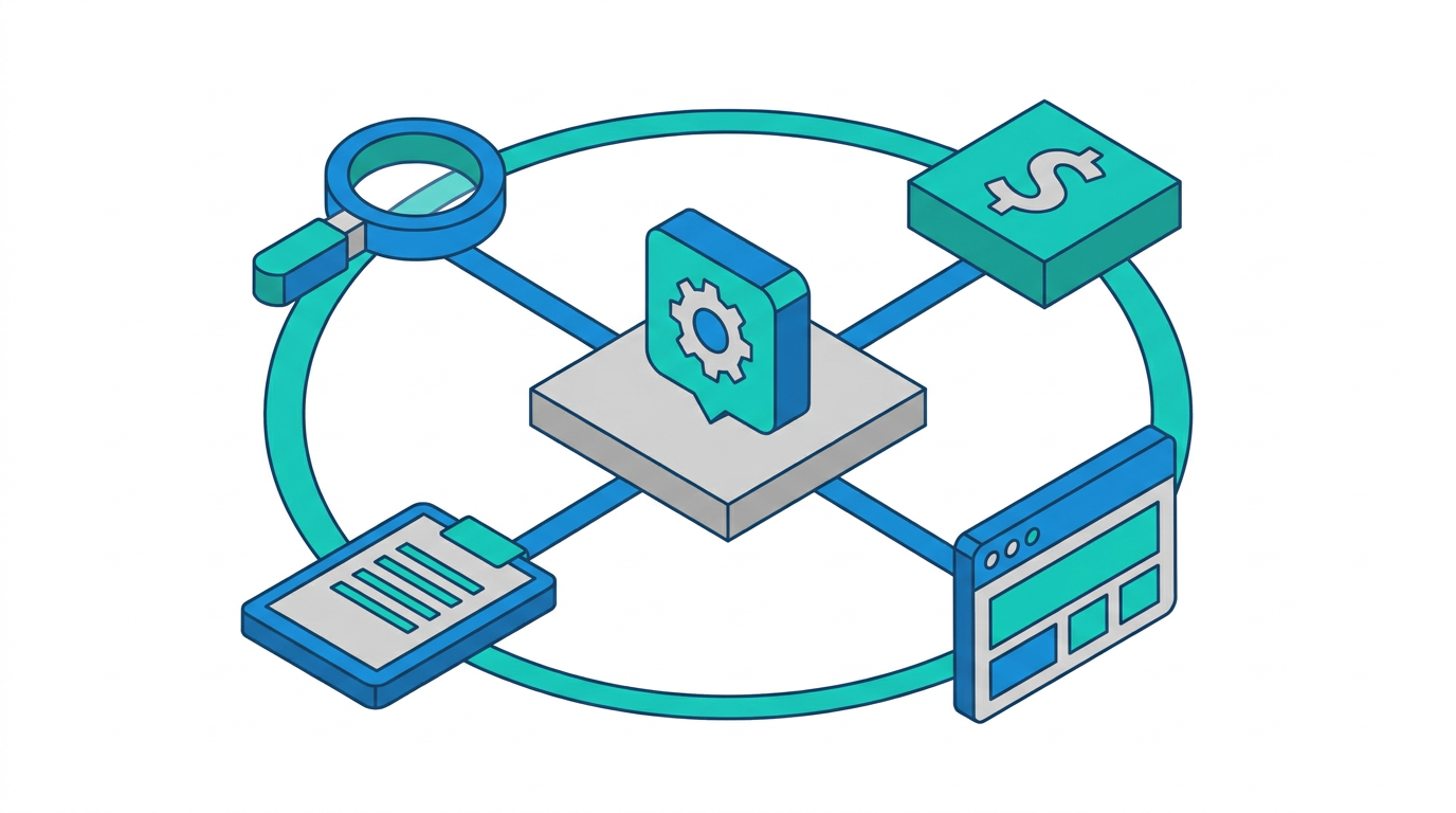 Five marketing service hubs connected to a central platform representing AEO, SEO, paid media, web, and content