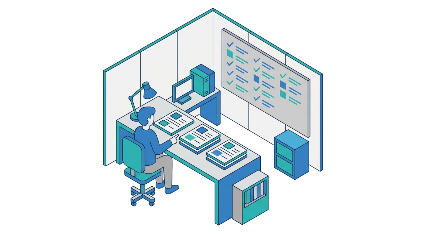 Marketer comparing three stacked agency proposals on a desk with a wall checklist