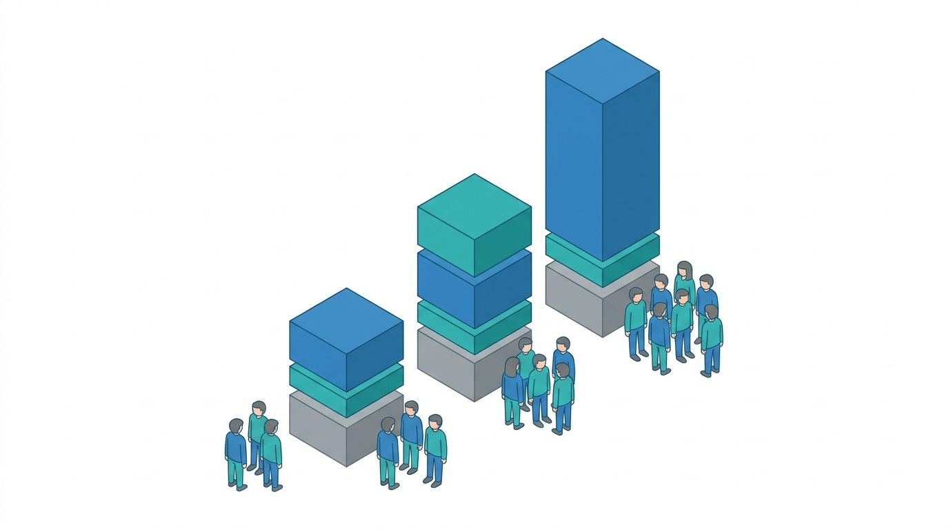 Three ascending budget tier bars with scaling team-size icons next to each