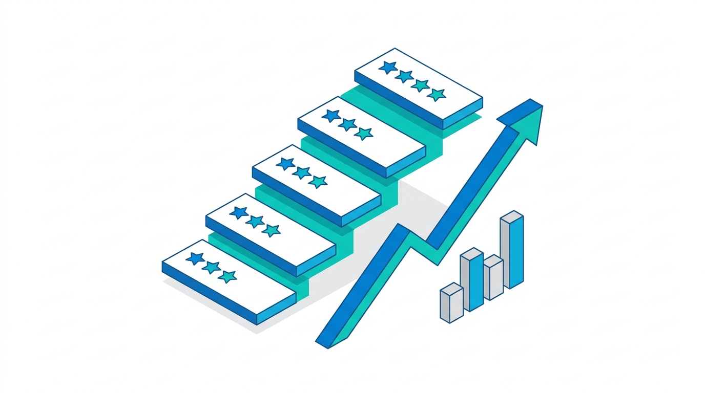 Stacked review cards with star ratings in an ascending staircase pattern beside an upward trend line