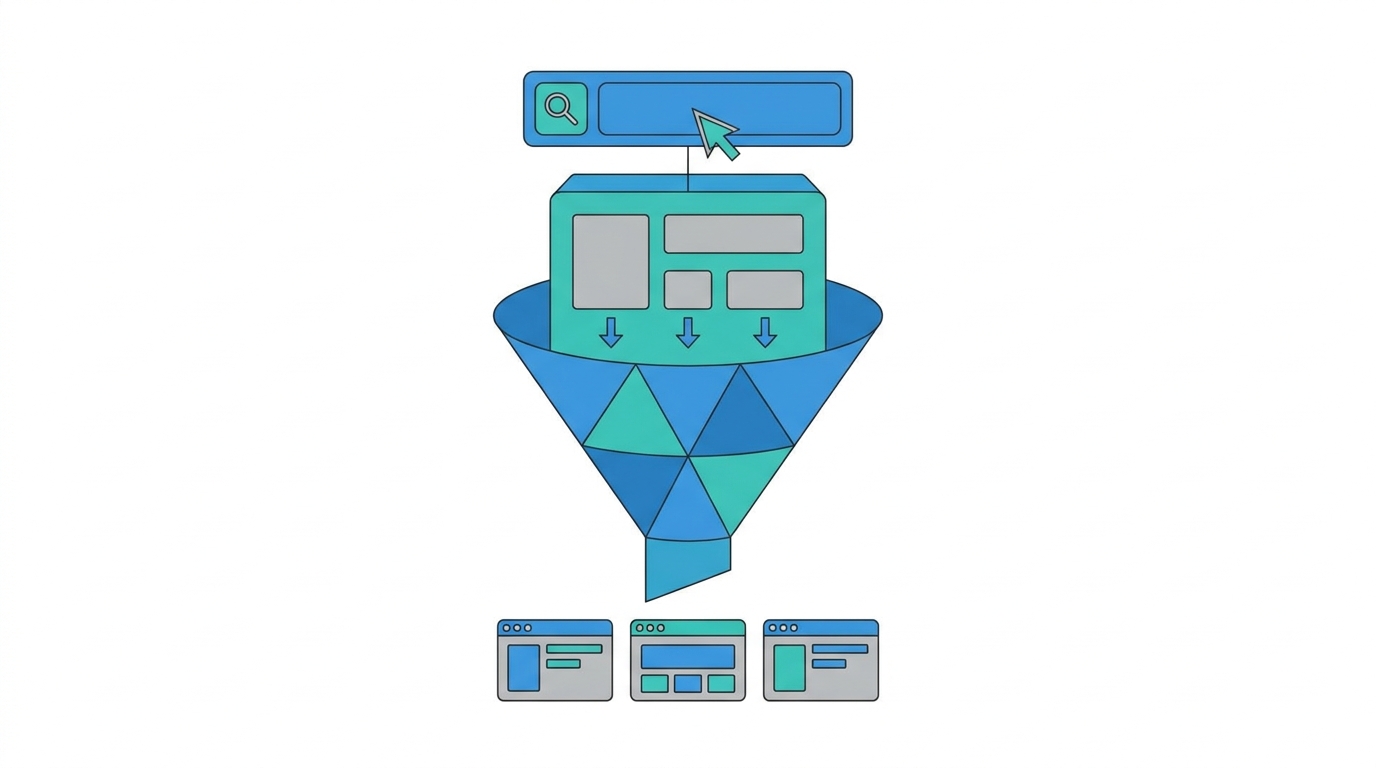 Search bar with AI overview block above a funnel narrowing down to three website cards