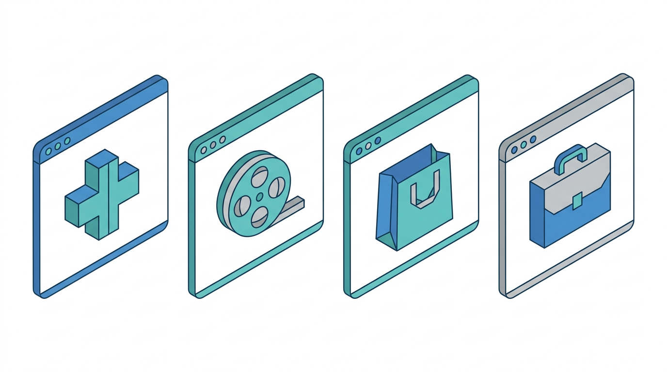 Four browser-window cards each showing a different industry symbol — medical cross, film reel, shopping bag, briefcase