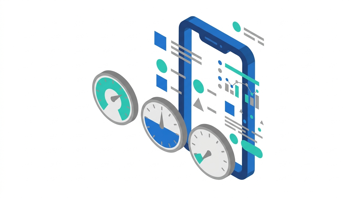 Mobile phone outline beside three circular gauge dials with page-element shapes floating around the phone